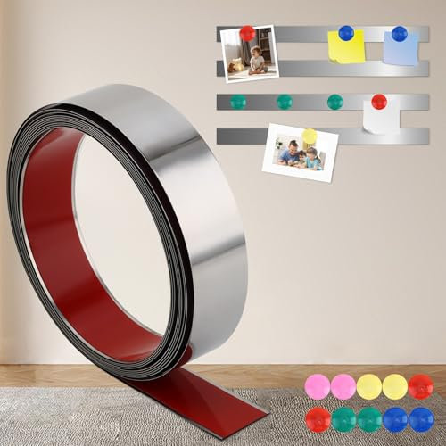 QDYMXUN Striscia di metallo autoadesiva per magneti, rotolo di nastri adesivi ferrosi flessibili per bacheche in studio, ufficio, scuola (colore argento lucido, 30 x 4 cm, contiene 30 magneti)