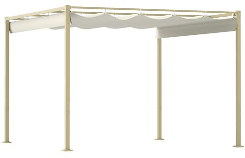 Outsunny Pergola Garten Outdoor 3 x 3 m verschiebbare, einziehbare Pergola mit Magnetbefestigung, Gartenlaube, Polyester mit hoher Dichte 180g/m², Sonnenschutz UPF30+, für Terrasse, Patio, Khaki