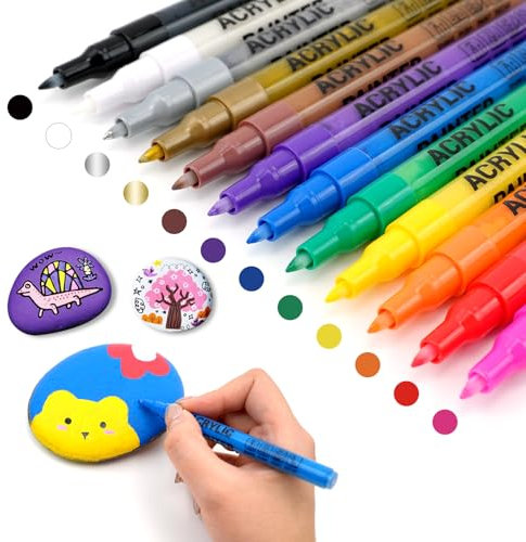 Alitastro Acrylic Paint Pens Waterproof Acrylic Markers 12 Colors Permanent Marker Pens Acrylic Pens for Rock Painting Glass Stone Ceramic Metal Fabric Pebble Painting pens Craft Supplies (0.7mm Tip)