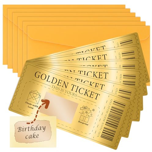 AWAMRWA Goldenes Ticket - 6 Pcs Gutschein Zum Selber Ausfüllen Mit Rubbelaufkleber Mit Umschlag Rubbelkarte Zum Beschriften Für Frauen Männer, Weihnachtsgeschenke, Kinogutschein