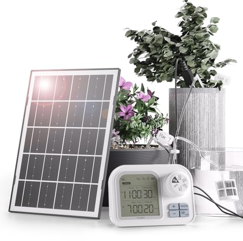 Raddy WS-7 Irrigazione automatico solare, Sistema di irrigazione per 15 piante in vaso, Rilevamento automatico dell'umidità del terreno, 2600 mAh batteria, IPX7 per interni ed esterni, balconi