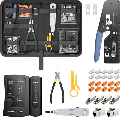 FGB Netzwerk Werkzeug Set, Pass Through RJ45 Crimpzange für Cat7 Cat6 Cat5 mit 4 x Netzwerkstecker Cat7 Werkzeuglos, 10 x RJ45 Stecker, LSA Auflegewerkzeug, Netzwerktester für RJ45, RJ11, RJ12 Kabel