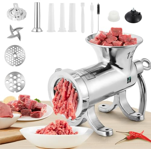 Huanyu Manual Meat Grinder Stainless Steel Meat Mincer with Sausage Stuffer and Cookie Attachment Dishwasher Safe Hand Meat Grinder for Beef Pork and Vegetables Meat Grinders (No.12)