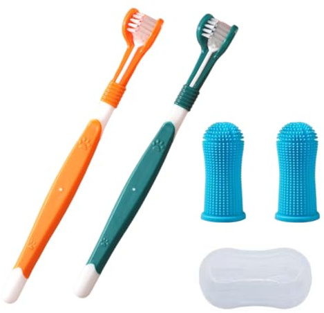 WUSJCOF Set di spazzolini da denti per cani, 2 spazzolini da dito, 2 spazzolini a tripla testina, kit per la pulizia dei denti multi-angolo per piccoli animali