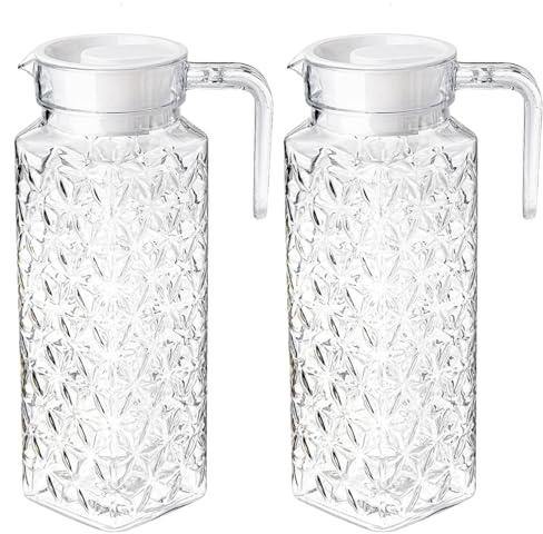 Kalastussaari 2-pack kanna med lock 1100 ml kristalltextur 3x10 livsmedelsgodkänd PC klar kanna med handtag temperaturbeständig vattenbehållare för kylskåp, juice, varm dryck