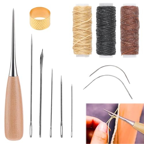Kit di riparazione per pelle, ago da cucito in pelle, kit di attrezzi da cucito in pelle, 12 pezzi kit da cucito in pelle, ago piegante, kit da cucito in pelle, ago da cucito in pelle con cera THR