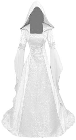 Damklänning med huva halloween medeltida kostym korsett renässans klänningar gotisk viktoriansk kjol dam elegant tjusig utsvängd ärm långa klänningar cosplay fest vampyrklänning Storbritannien, Vitt