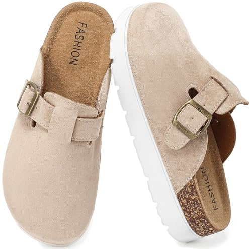 Women's Suede Platform Clogs with Cork Footbed, Closed Toe Sandals with Adjustable Buckle, Mules Anti Slip On, Comfort Potato Shoes Footwear, Memory Foam Slippers Outdoor Beige