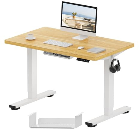 FLEXISPOT E1 Plus ONE PIECE Electric Standing Desk Height Adjustable Sit Stand Desk with Memory Smart Panel for Home Office, 100 * 60cm, White Frame+Maple Desktop
