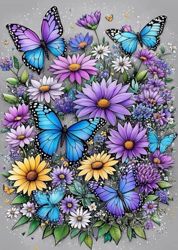 Diamond Painting Farfalla e Fiori 5D, Kit Completo Pittura Diamante Fai da Te per Adulti e Bambini, Quadri con Perline da Attaccare con Strass Luminosi, Arte Decorativa per Casa e Parete 30x40 cm