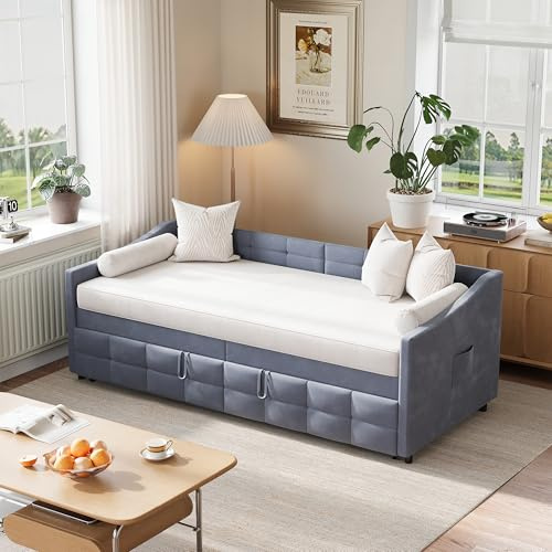 OLIVIBED Sofá cama extensible 90/180 x 200 cm, sofá cama con cajón y respaldo, cama nido con somier, cama multifunción para salón, terciopelo, sin colchón, gris