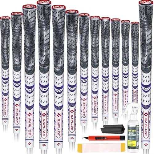 SAPLIZE Puños de golf de 13 piezas con kit de regripping completo, tamaño estándar, cordón de goma, puños de club de golf híbridos, blanco