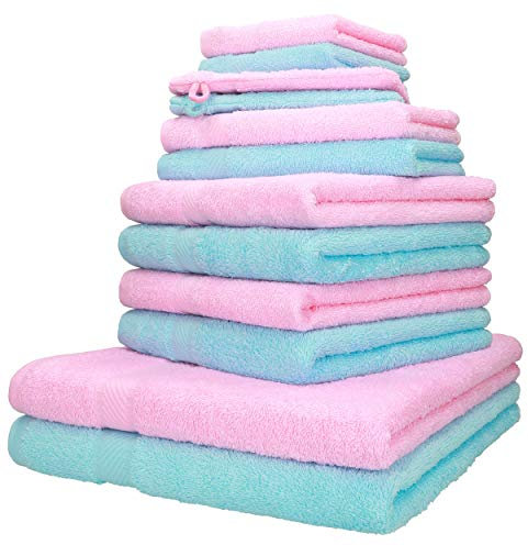 Betz 12-TLG. Handtuch-Set Palermo 100% Baumwolle 2 Liegetücher 4 Handtücher 2 Gästetücher 2 Seiftücher 2 Waschhandschuhe Farbe rosé und türkis