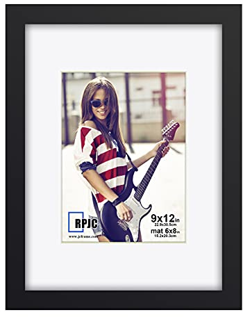 RPJC 9 x 12 Picture Frames Made of Solid Wood and High Definition Glass Display Pictures 6x8 with Mat or 9x12 Without Mat for Wall Mounting Photo Frame Black