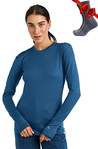 Merino.tech Merino-ull baslager kvinnor – 100 % merinoull tungvikt, medelvikt, lätt långärmad termisk skjorta och strumpor, 165 denim blå, XXL