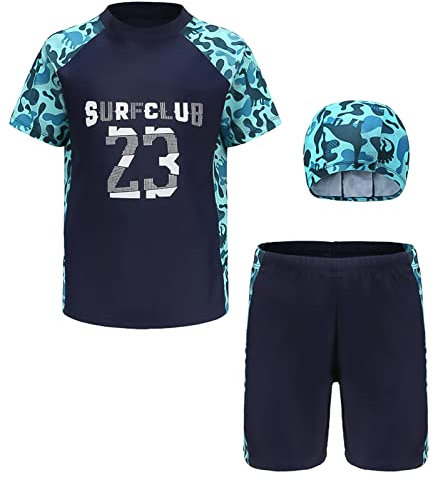 Maeau Bade Set Kinder Junge Bademode Jungen 9-10 Jahre Zweiteiliger Badeanzug mit Kurzen Ärmeln Badebekleidung Uv Schutz Schwimmbekleidung Cartoon Badeshorts Badehose Set Jungen und Hut Marineblau