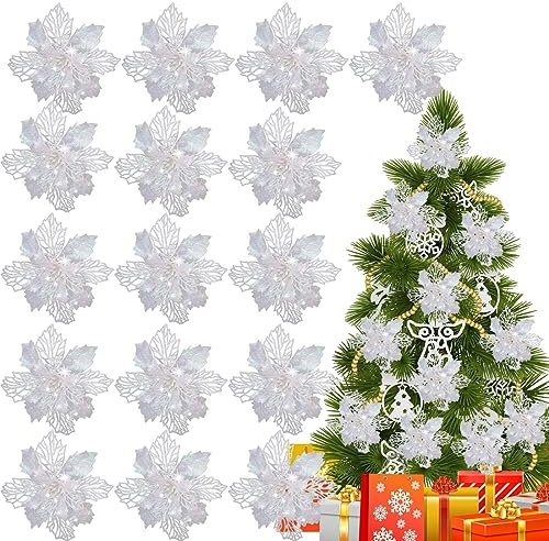 YEAPEAK 15 Pièces Poinsettia pour Sapin, Decoration Noel Blanc, Fleur De Noel, Déco Noël Fleurs, Decoration De Noel pour Sapin, Fleur De Noël pour Une Décoration De Fête Étincelante, Blanc
