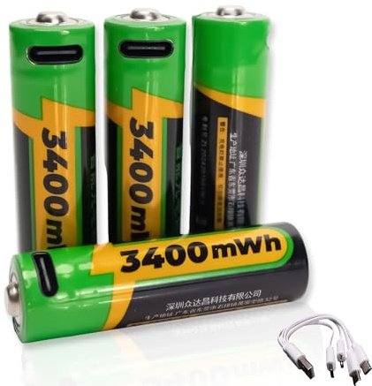Anern Batterie al litio ricaricabili AA da 1,5V USB ricaricabili agli ioni di litio AA con cavo di ricarica 4 in 1 di tipo C, ricarica rapida, carica 1500 volte di ciclo (4 pezzi)