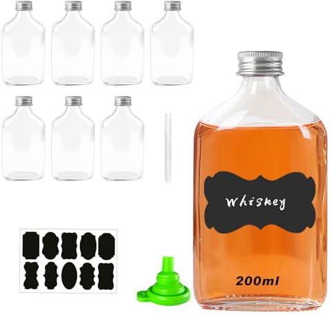 BSDYCL 200ml Glass Flask Bottles - 8 Pack Glass Bottles with Silver Screw Caps, Funnel, Labels and Pen - Reusable Empty glass bottles for wine, whisky or spirits- Superior Sealing, Durable and Sturdy