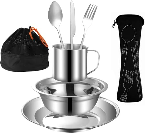 Set di posate da campeggio per esterni, in acciaio inox, kit di misurazione include piastra, ciotola, cucchiaio, forchetta, coltello, in tasche a rete, per campeggio, zaino per una persona
