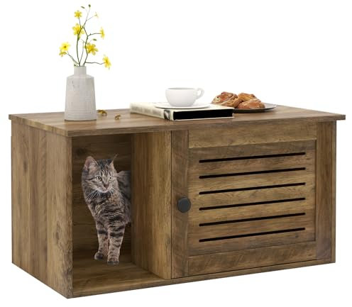 GYMAX Cat Litter Box Enclosure, Indoor Hidden Kitty Washroom Storage Cabinet Bench with Louvered Door & Winding Entry, Wooden Cats House End Table for Bedroom Living Room