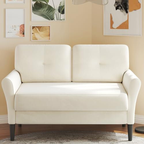 Domusensus Kleines Sofa 2 Sitzer, 123CM kleine Couch 2 Sitzer, Sofa klein mit 53CM extra tiefen Sitzen, MiniSofa Wohnzimmer, Werkzeugfreie Montage Sofas & Couches, Bequemer Samt Mini Couch, Beige