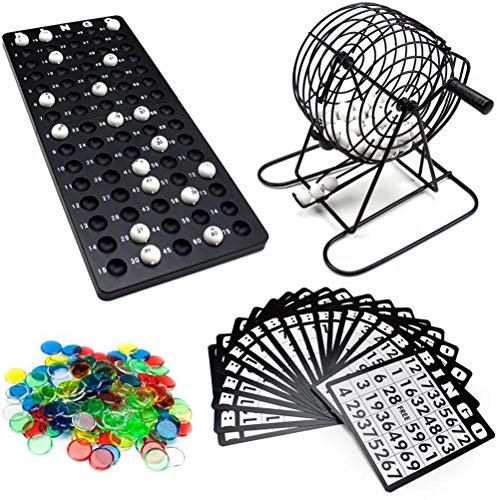 BSTCAR Bingo-Spiel-Set für Erwachsene, Senioren, Familien und Kinder mit 18 Bingo-Karten 150 Chips 75 Bälle 1 runder Metallkäfig (Bingo-Spielset)