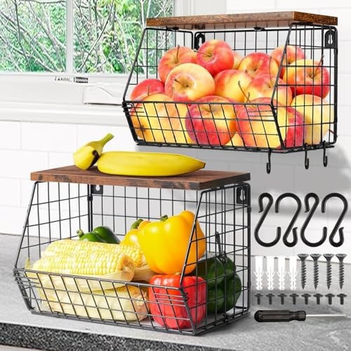 YADOBIG 2 Piezas Colgante Cesta de Fruta, 30 × 15,5 × 21,5 cm Fruteros de Cocina de Metal, con Tapa de Madera, con 4 Ganchos, Apilables y Montables en la Pared, para Guardar Fruta y Verdura, Negro