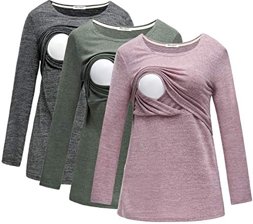 DDLUYY - 3 unidades de ropa de maternidad para mujer de manga larga, camisas de lactancia, camiseta de enfermería, L