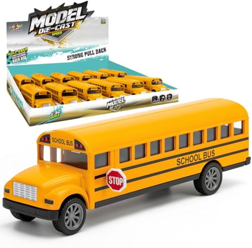 12 Pack: Diecast Yellow School Bus Model Toy, 5 Pullback Die Cast Metal Classic Long Nose Vehicles for Kids with Rubber Tires and Opening Doors - Bulk Party Favors, Supplies