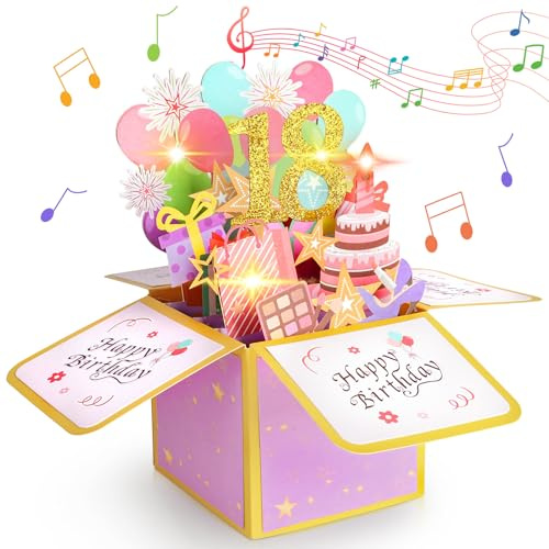 Vicloon Biglietti di Compleanno 3D, Biglietto Auguri Compleanno con Musica e Luci, Biglietto di Auguri di Compleanno per 18°, Spegnere le Candele LED, per Amico, Genitori, Raggazi, Famiglia, Festa