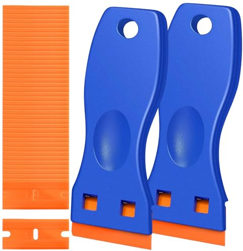 2PCS Plastic Scraper Set with 100 Plastic Blades, Non-Scratch Multi-Purpose Razor Scraper Tool for Removing Stickers, Labels, Decals, Caulk, Paint, Glue from Glass, Windows, Floors, and Cars