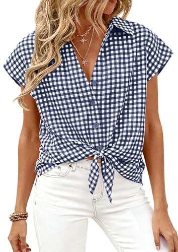 PRETTYGARDEN Womens Short Sleeve Shirts Plaid Button Down Blouse Dressy Casual 2026 Summer Spring Business Gingham Work Tops (Navy,Large)