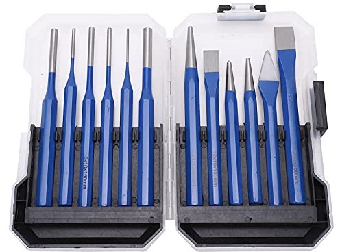 12Pcs Chisel Punch Kit Professional Quality CRV V Chrome Vanadium Steel Engraving and Punching Tools for Metalworking Woodworking and DIY Projects with Plastic Storage Box