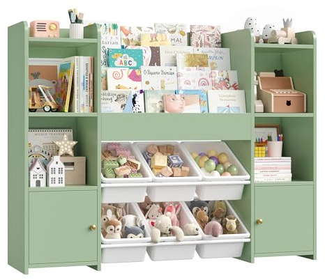 FOREHILL Meuble Rangement Enfant Bibliothèque Enfant avec 6 Boîtes Amovibles 12 Étagères Rangement Jouet Enfant pour Chambre d’Enfant Salle de Jeu Vert