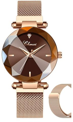 MASTOP Fashion Women Rose Gold Watch Japan Quartz Stainless Steel Magnetic Mesh Band Waterproof Ladies Watches (Brown)