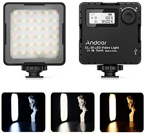 CL-36 LED Video Light, Andoer Camera Light Rechargeable with 2000mAh Battery, 2800K-8500K Dimmable Portable Light Photography with 3 Cold Shoe LCD Display for Filming Youtube DSLR Camcorder Shooting