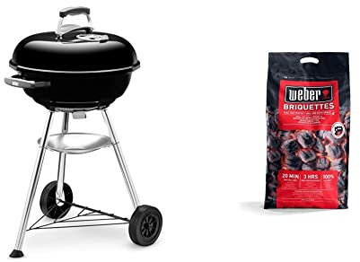 Weber 1221004 - Barbacoa Compact Kettle 47 Cm Negro + 17591 - Briquetas De Carbón Vegetal Para Barbacoa, 8 Kg, 1 Unidad