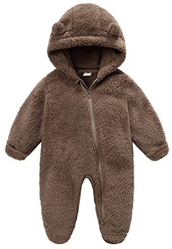Fairy Baby Baby Snowsuit, Newborn Infant Baby Hooded Romper Fleece Snowsuit Cartoon Jumpsuit Fall Winter Outfits (0-3M, Brown)