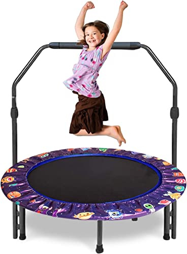 Purple Mini Kids Trampoline, 36Inch with Foldable Bungee Rebounder & Adjustable Handrail for Indoor & Outdoor