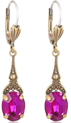 Jugendstil Ohrringe Gold Kristalle aus Österreich Fuchsia Pink Ohrhänger NOBEL SCHMUCK