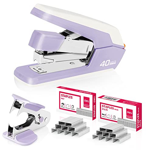 Deli Effortless Desktop Stapler, Heavy Duty Stapler, 40-50 Sheet Capacity, One Finger, No Effort, Includes 1500 Staples & Staple Remover, Violet