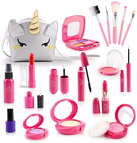 STAY GENT Kinderschminke Set Mädchen 3 4 5 6 7 8 9 10 Jahre, 20 STK Schminkkoffer Mädchen Kinder Schminkset mit Silber Einhorn Tasche, Rollenspiel Geburtstag Geschenke für Kinder (Kein Echtes Makeup)