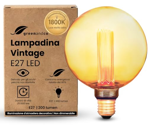 greenandco dekorativ LED-glödlampa i vintage-stil | E27 G125 | Bärnsten | 4W 200lm | 1800K Extra varmvitt | 320° | 230V | Flimmerfri | Ej dimbar