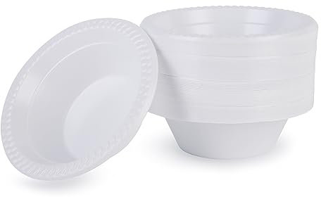 Iceten Pack of 100 White Plastic Bowls, Reusable and Washable Tableware, 12 oz Soup Bowls, Biodegradable & Compostable Bowls, Dessert Bowls, for BBQs Party Picnics Catering (100PCS)