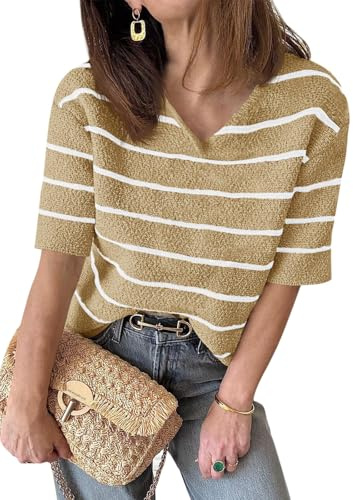 Saodimallsu T-Shirt D'été À Manches Courtes Pour Femme Avec Col En V, Tenue Décontractée Rayée