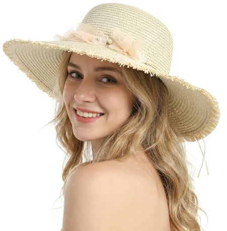 LY4U Chapeau de Soleil Souple à Large Bord pour Femmes UPF 50 avec Fleur de Dentelle, Chapeau de Plage Pliable de Protection UV pour Voyage, été en Plein Air