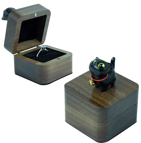 Tentogala Caja de madera para anillos de gato tallada a mano, cierre magnético, caja de regalo de joyería de boda y compromiso (gato negro)