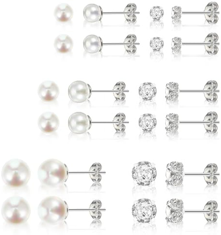 6 Pairs 925 Sterling Silver Pearl Stud Earrings for Women Cubic Zirconia Silver Stud Earrings Dainty Small Stud Earring Sets for Multiple Piercing