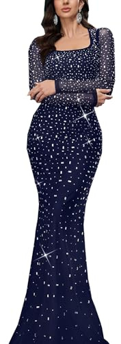VOUIAO Women's Formal Evening Gown Elegant Rhinestone Long Prom Dress Wedding Guest Party Cocktail Bridesmaid Maxi Dress Navy Blue M